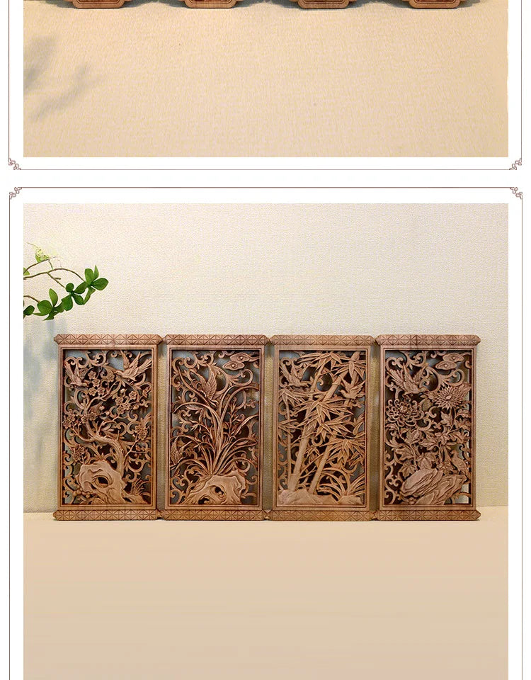 1 Pc Chinese Woodcarving Decorative Painting Meilan Bamboo Chrysanthemum Wood Carving Crafts Home Furnishing Decorations