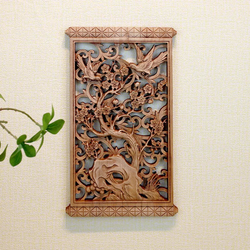 1 Pc Chinese Woodcarving Decorative Painting Meilan Bamboo Chrysanthemum Wood Carving Crafts Home Furnishing Decorations