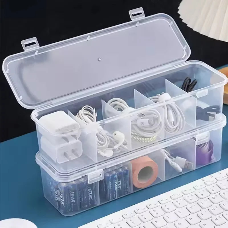 1pc Clear Desktop Cable Organizer Box with Lid, Dustproof with Dividers for Cords Chargers Cards, Declutter Your Space