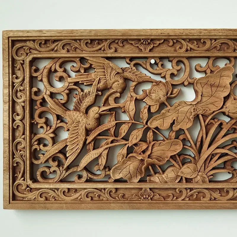 1pc Rectangular Wood Carving Crafts Solid Wood Hollow Lotus Flower Decal Living Room Decoration Chinese Style Home Accessories