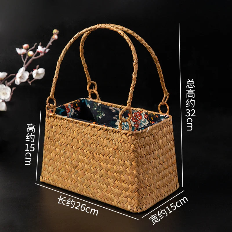 Handwoven Straw Storage Basket, Vintage Grass Carry Basket for Tea Sets or Sundries, Cotton Linen Lining, Dustproof Decorative