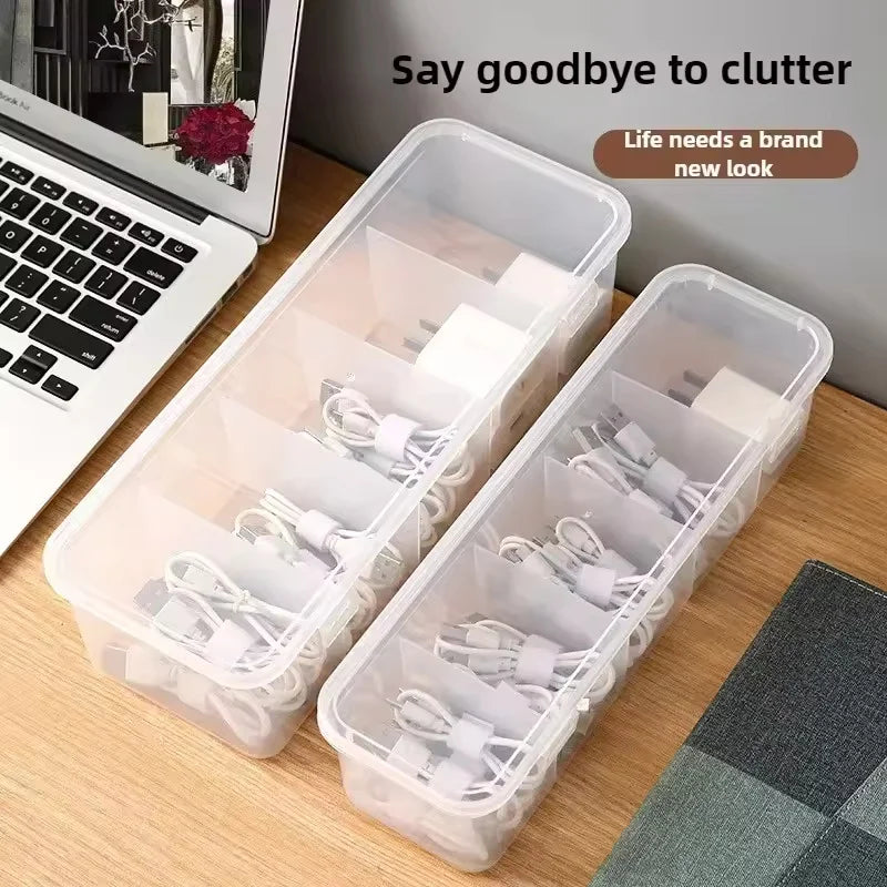 1pc Clear Desktop Cable Organizer Box with Lid, Dustproof with Dividers for Cords Chargers Cards, Declutter Your Space