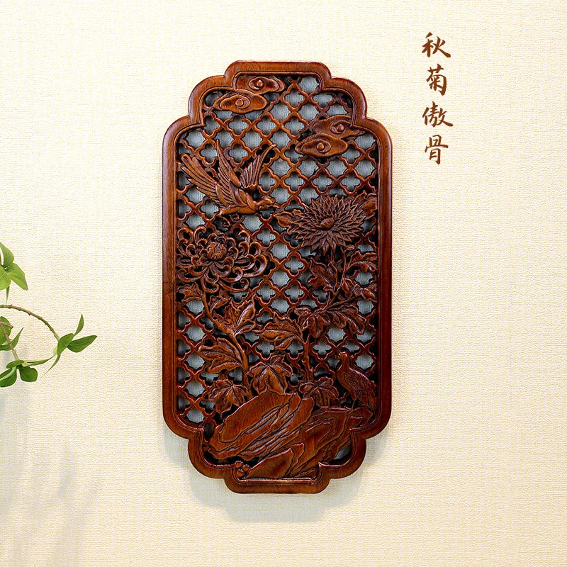1 Pc Chinese Woodcarving Decorative Painting Meilan Bamboo Chrysanthemum Wood Carving Crafts Home Furnishing Decorations