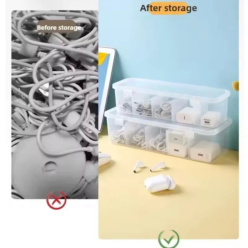 1pc Clear Desktop Cable Organizer Box with Lid, Dustproof with Dividers for Cords Chargers Cards, Declutter Your Space