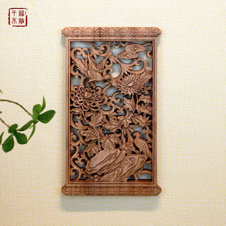 1 Pc Chinese Woodcarving Decorative Painting Meilan Bamboo Chrysanthemum Wood Carving Crafts Home Furnishing Decorations