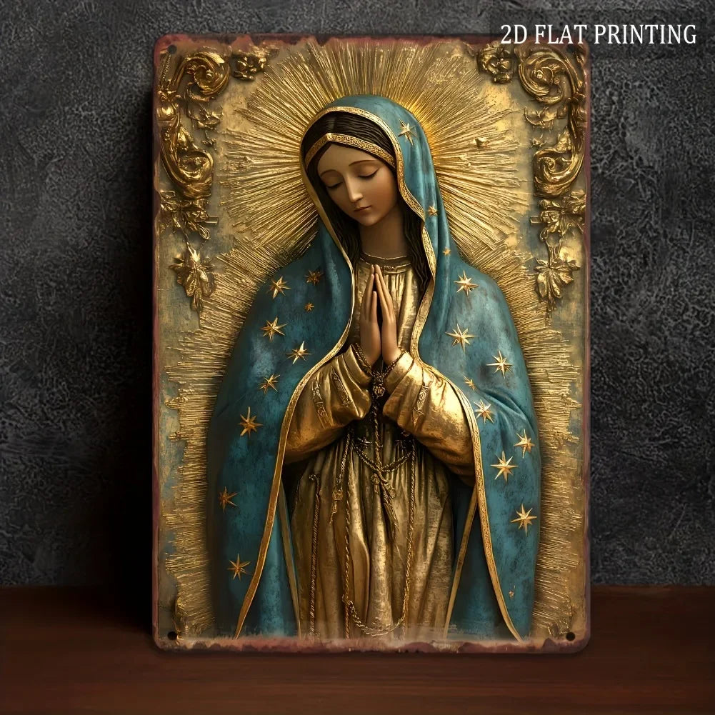 Guadalupe Virgin Mary Retro Spanish Plaque, Golden Halo & Stars, Bohemian Style
