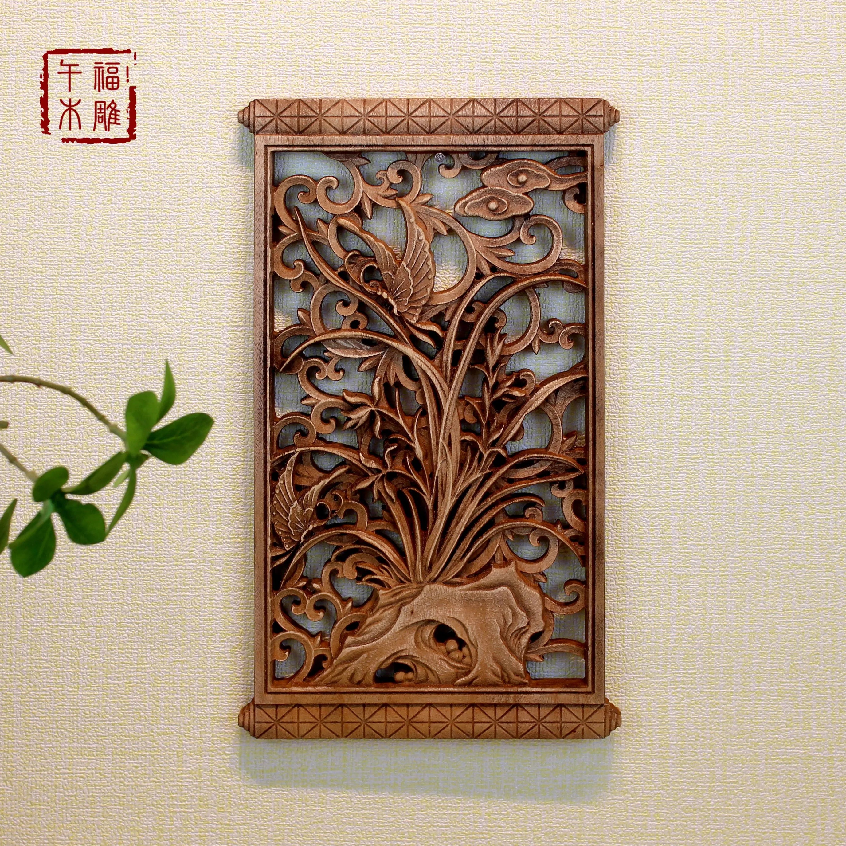 1 Pc Chinese Woodcarving Decorative Painting Meilan Bamboo Chrysanthemum Wood Carving Crafts Home Furnishing Decorations