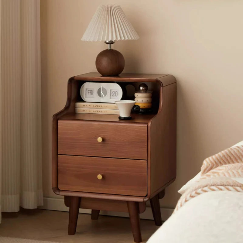 Solid Wood Bedside Table  Modern Small Nightstand with Rounded Corners Multi-Layer Storage Shelf Durable Eco-Friendly   Bedroom
