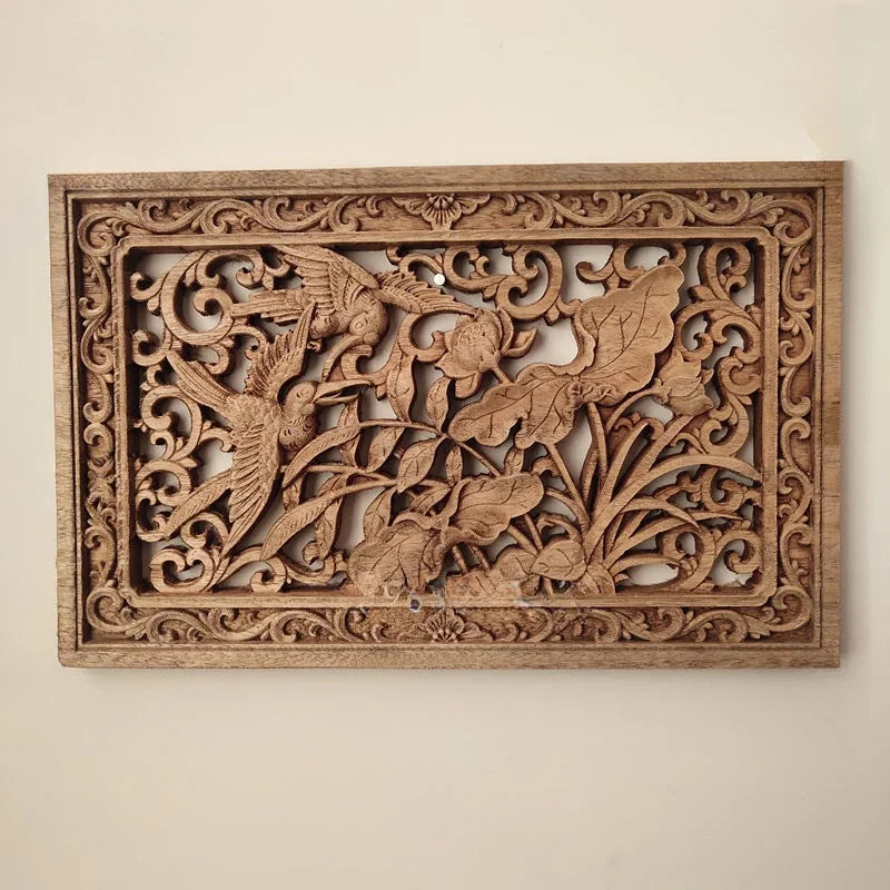 1pc Rectangular Wood Carving Crafts Solid Wood Hollow Lotus Flower Decal Living Room Decoration Chinese Style Home Accessories