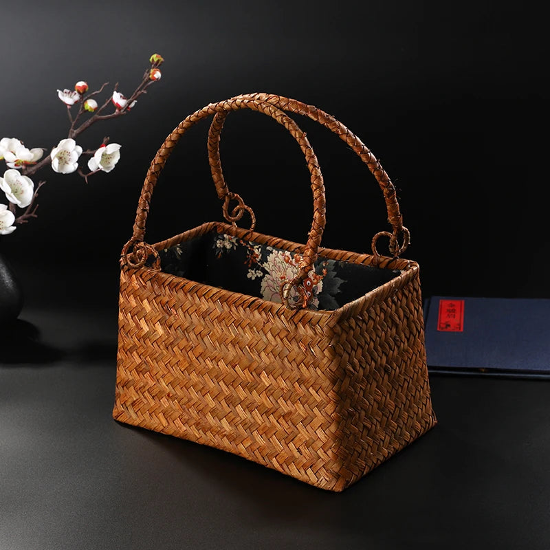 Handwoven Straw Storage Basket, Vintage Grass Carry Basket for Tea Sets or Sundries, Cotton Linen Lining, Dustproof Decorative