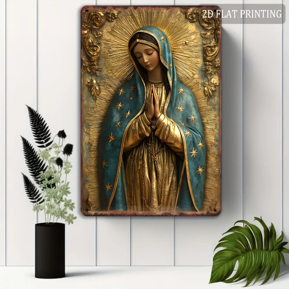 Guadalupe Virgin Mary Retro Spanish Plaque, Golden Halo & Stars, Bohemian Style