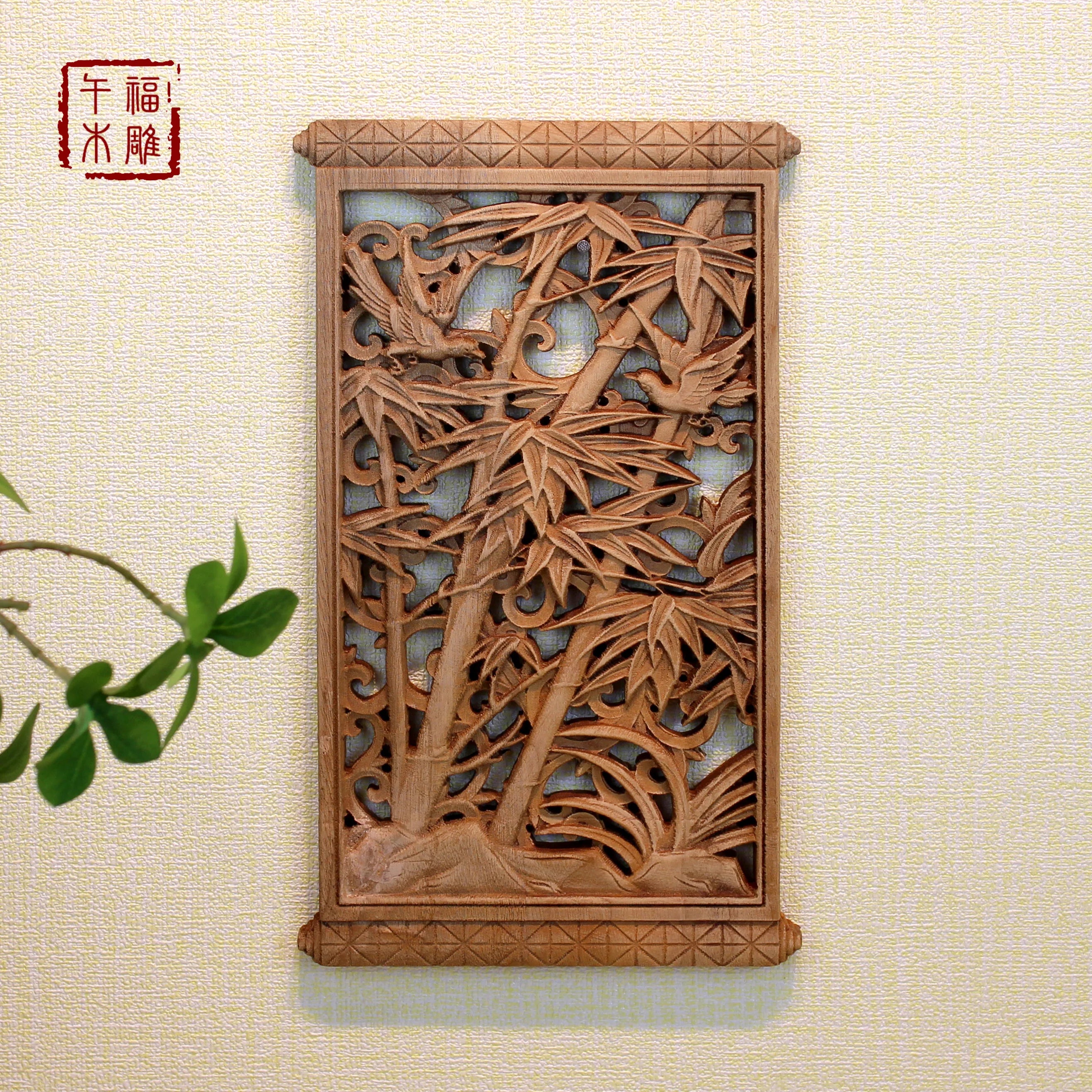 1 Pc Chinese Woodcarving Decorative Painting Meilan Bamboo Chrysanthemum Wood Carving Crafts Home Furnishing Decorations