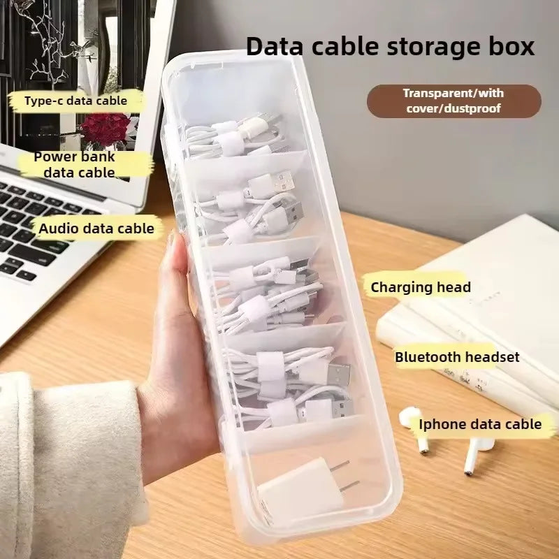 1pc Clear Desktop Cable Organizer Box with Lid, Dustproof with Dividers for Cords Chargers Cards, Declutter Your Space