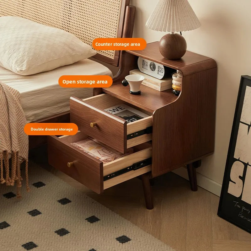 Solid Wood Bedside Table  Modern Small Nightstand with Rounded Corners Multi-Layer Storage Shelf Durable Eco-Friendly   Bedroom