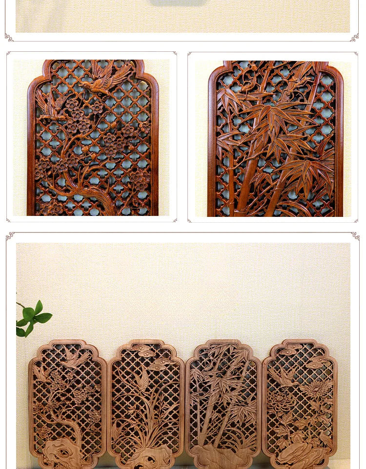 1 Pc Chinese Woodcarving Decorative Painting Meilan Bamboo Chrysanthemum Wood Carving Crafts Home Furnishing Decorations