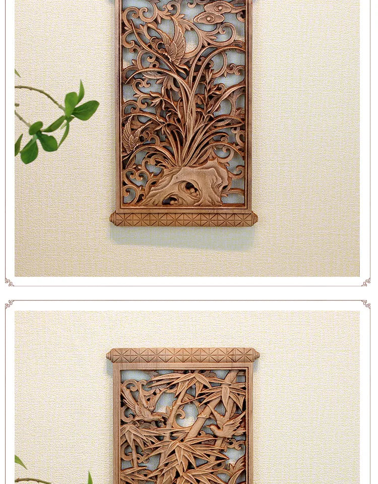 1 Pc Chinese Woodcarving Decorative Painting Meilan Bamboo Chrysanthemum Wood Carving Crafts Home Furnishing Decorations