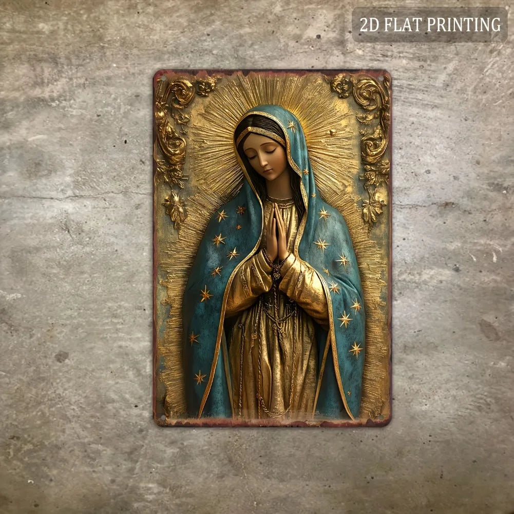 Guadalupe Virgin Mary Retro Spanish Plaque, Golden Halo & Stars, Bohemian Style