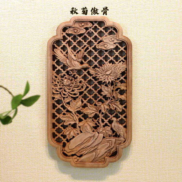 1 Pc Chinese Woodcarving Decorative Painting Meilan Bamboo Chrysanthemum Wood Carving Crafts Home Furnishing Decorations
