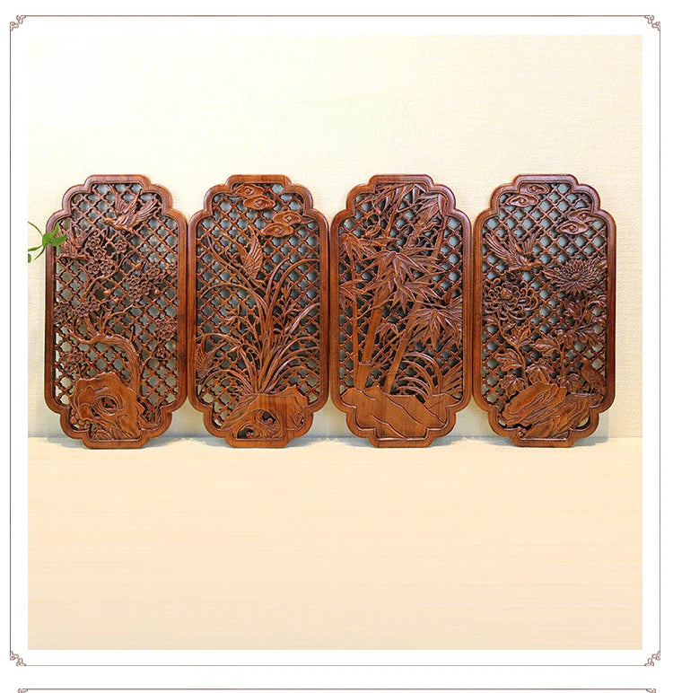 1 Pc Chinese Woodcarving Decorative Painting Meilan Bamboo Chrysanthemum Wood Carving Crafts Home Furnishing Decorations