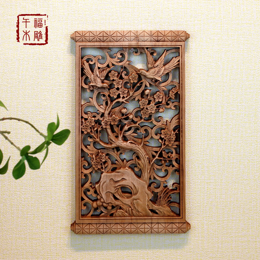 1 Pc Chinese Woodcarving Decorative Painting Meilan Bamboo Chrysanthemum Wood Carving Crafts Home Furnishing Decorations