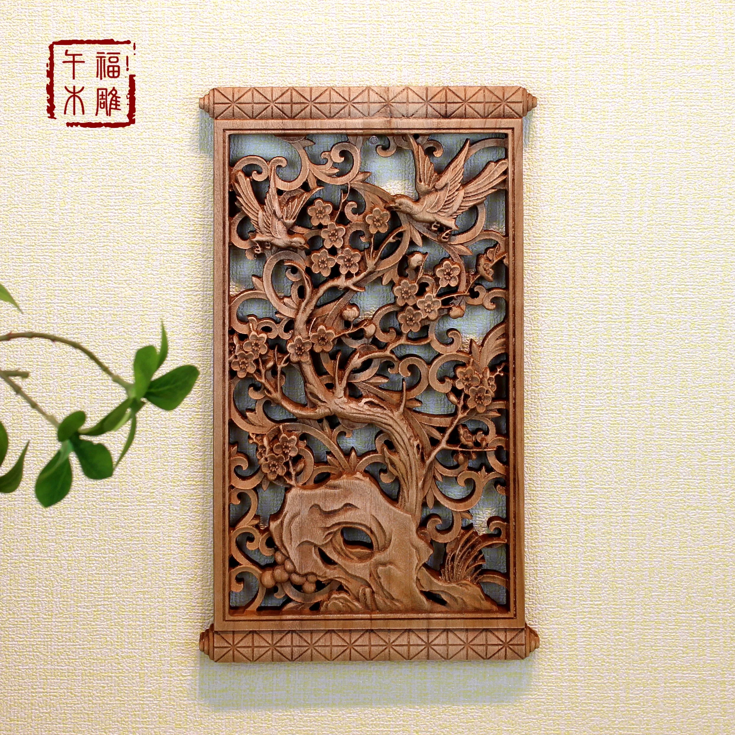 1 Pc Chinese Woodcarving Decorative Painting Meilan Bamboo Chrysanthemum Wood Carving Crafts Home Furnishing Decorations