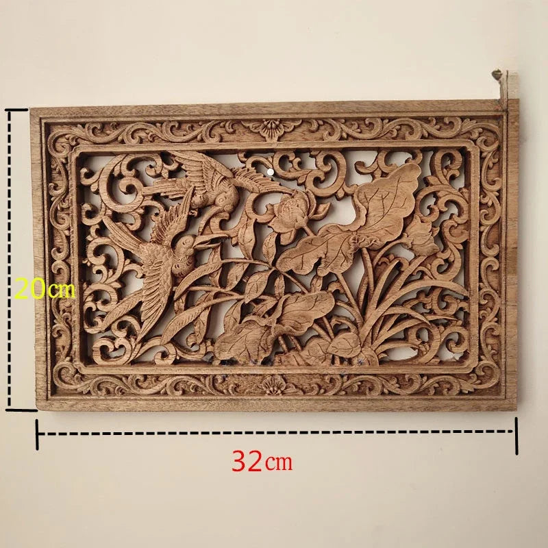 1pc Rectangular Wood Carving Crafts Solid Wood Hollow Lotus Flower Decal Living Room Decoration Chinese Style Home Accessories
