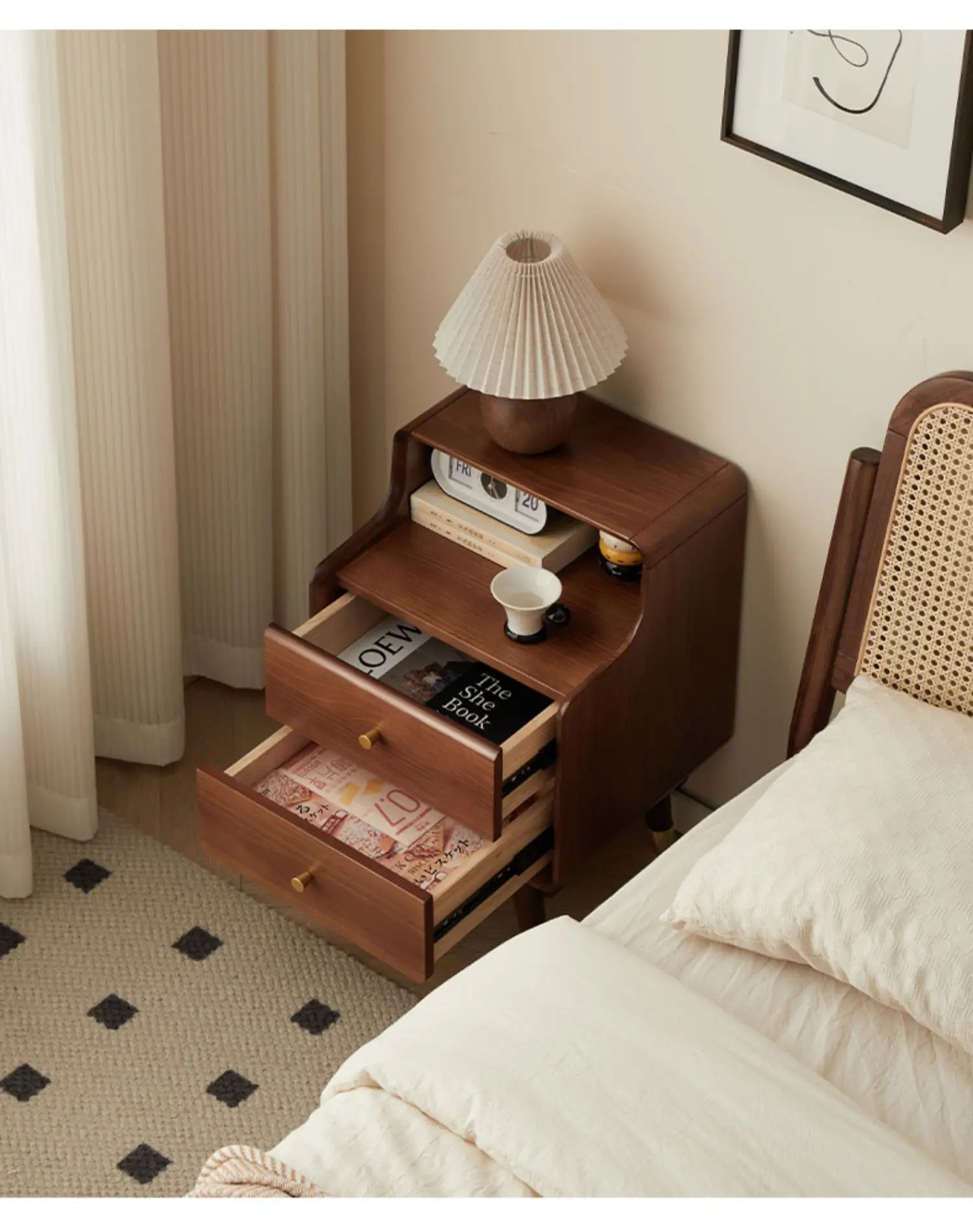 Solid Wood Bedside Table  Modern Small Nightstand with Rounded Corners Multi-Layer Storage Shelf Durable Eco-Friendly   Bedroom