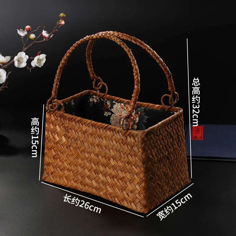 Handwoven Straw Storage Basket, Vintage Grass Carry Basket for Tea Sets or Sundries, Cotton Linen Lining, Dustproof Decorative